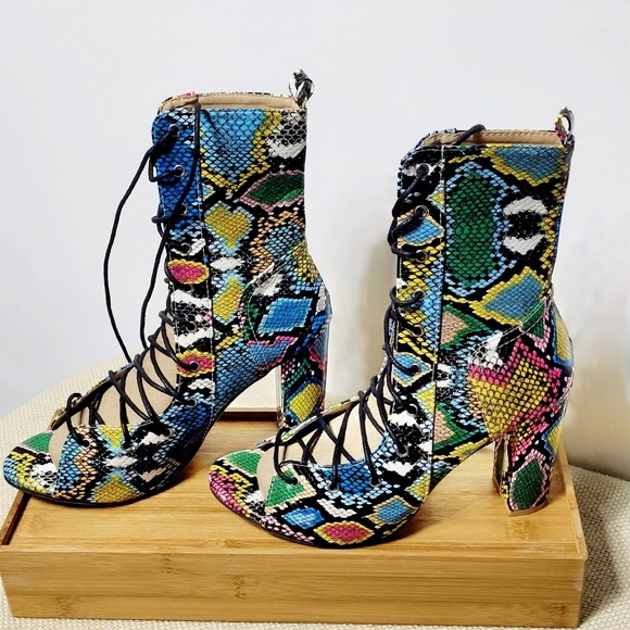 NWOT Snakeskin Print Lace-Up Open Toe Chunky Heel Sandal Boots EU 42 (US 10) - Picture 5 of 10